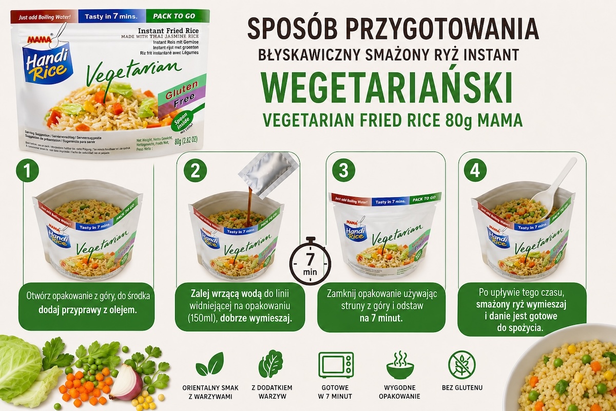 Przygotowanie: Błyskawiczny Smażony Ryż Instant Wegetariański Vegetarian Fried Rice 80g MAMA